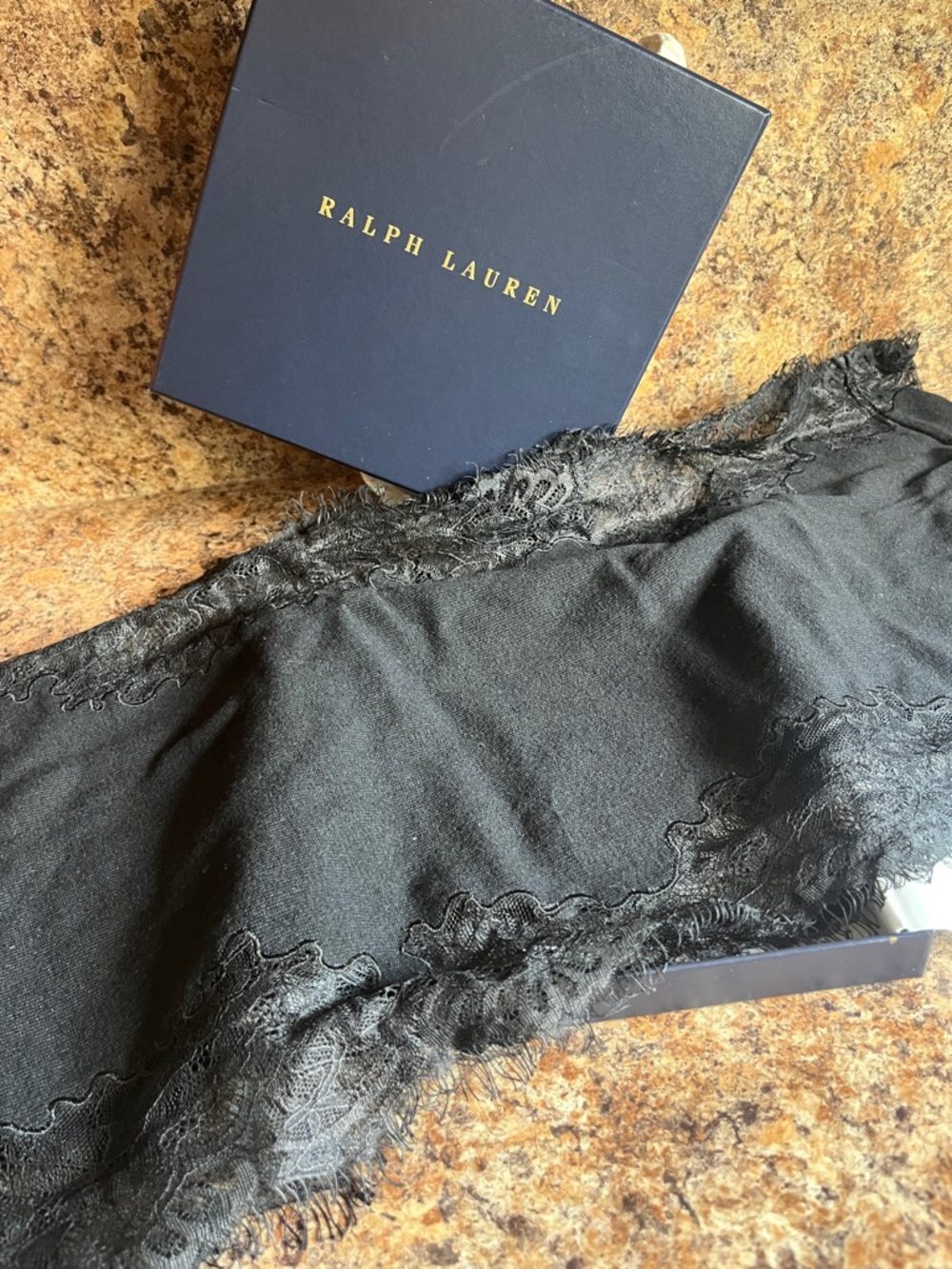 LAUREN Ralph Lauren Black Lace-Trim loop scarf with box